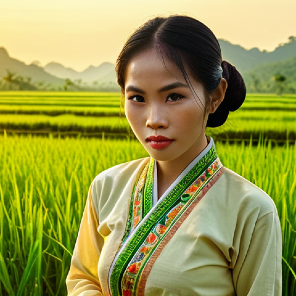 **

A serene Vietnamese woman in traditional Áo dài, surrounded by a lush green rice paddy field, bathed in the golden light of the late afternoon. The artwork should evoke the style of Lê Phổ, emphasizing the beauty of the Vietnamese woman and the tranquil countryside.

**