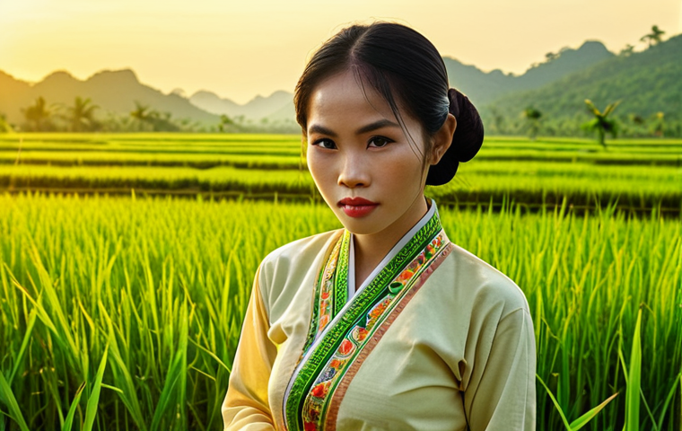 **

A serene Vietnamese woman in traditional Áo dài, surrounded by a lush green rice paddy field, bathed in the golden light of the late afternoon. The artwork should evoke the style of Lê Phổ, emphasizing the beauty of the Vietnamese woman and the tranquil countryside.

**