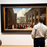 ** A focused art critic meticulously reviewing a painting in a modern art gallery. Emphasize the critic's observant expression and the diverse styles of artwork surrounding them. The gallery should appear bright and contemporary.

**