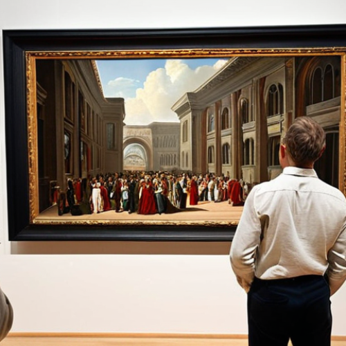 ** A focused art critic meticulously reviewing a painting in a modern art gallery. Emphasize the critic's observant expression and the diverse styles of artwork surrounding them. The gallery should appear bright and contemporary.

**