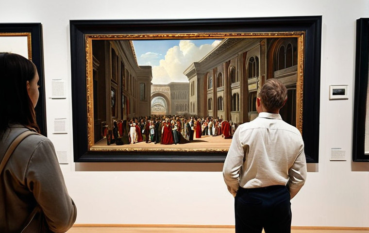 ** A focused art critic meticulously reviewing a painting in a modern art gallery. Emphasize the critic's observant expression and the diverse styles of artwork surrounding them. The gallery should appear bright and contemporary.
**