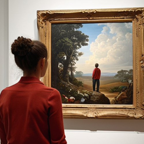 **A person standing in an art gallery, seemingly puzzled by an abstract painting. The person is looking for a deeper meaning, perhaps with a critic subtly guiding their gaze. The scene should convey a sense of curiosity and the desire to understand hidden messages in art.**