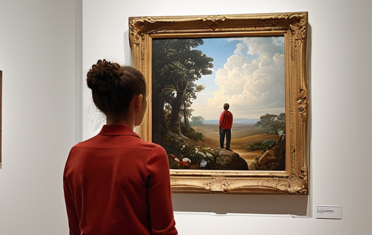 **A person standing in an art gallery, seemingly puzzled by an abstract painting. The person is looking for a deeper meaning, perhaps with a critic subtly guiding their gaze. The scene should convey a sense of curiosity and the desire to understand hidden messages in art.**