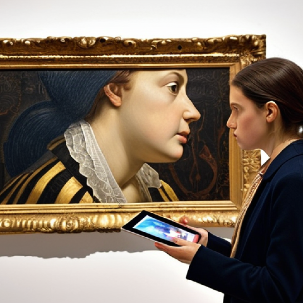 **Prompt:** A discerning art critic, depicted as a thoughtful woman in her 30s, stands before a large, intricate artwork. One side of the artwork features classic oil paint textures and brushstrokes, seamlessly blending into the other side which glows with intricate, abstract digital patterns, subtly representing AI art and an NFT icon. She holds a sleek tablet, her expression one of deep contemplation and insight, as if peeling back layers of meaning. The background is a soft blur of art history books, philosophical texts, and faint social context elements, symbolizing the rich knowledge base of criticism. The lighting is focused and intellectual, highlighting the art and her analytical gaze. *Style: Hyperrealistic, high detail, artistic photography.*