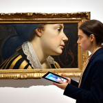**Prompt:** A discerning art critic, depicted as a thoughtful woman in her 30s, stands before a large, intricate artwork. One side of the artwork features classic oil paint textures and brushstrokes, seamlessly blending into the other side which glows with intricate, abstract digital patterns, subtly representing AI art and an NFT icon. She holds a sleek tablet, her expression one of deep contemplation and insight, as if peeling back layers of meaning. The background is a soft blur of art history books, philosophical texts, and faint social context elements, symbolizing the rich knowledge base of criticism. The lighting is focused and intellectual, highlighting the art and her analytical gaze. *Style: Hyperrealistic, high detail, artistic photography.*