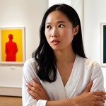 **Prompt:** A dynamic art critic, a woman of Vietnamese descent, actively engaged in conversation about a contemporary art installation within a vibrant, sunlit art gallery. She gestures confidently, articulating her insights to a small, diverse group of art enthusiasts and collectors. The setting is modern and intellectual, with subtle hints of networking and content creation (e.g., a branded notebook, or a blurred background indicating an event). Emphasize professional yet passionate expression, keen observation, and the act of sharing profound analysis. High quality, realistic, engaging.