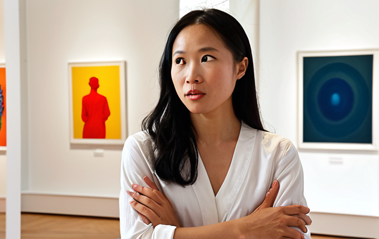 **Prompt:** A dynamic art critic, a woman of Vietnamese descent, actively engaged in conversation about a contemporary art installation within a vibrant, sunlit art gallery. She gestures confidently, articulating her insights to a small, diverse group of art enthusiasts and collectors. The setting is modern and intellectual, with subtle hints of networking and content creation (e.g., a branded notebook, or a blurred background indicating an event). Emphasize professional yet passionate expression, keen observation, and the act of sharing profound analysis. High quality, realistic, engaging.