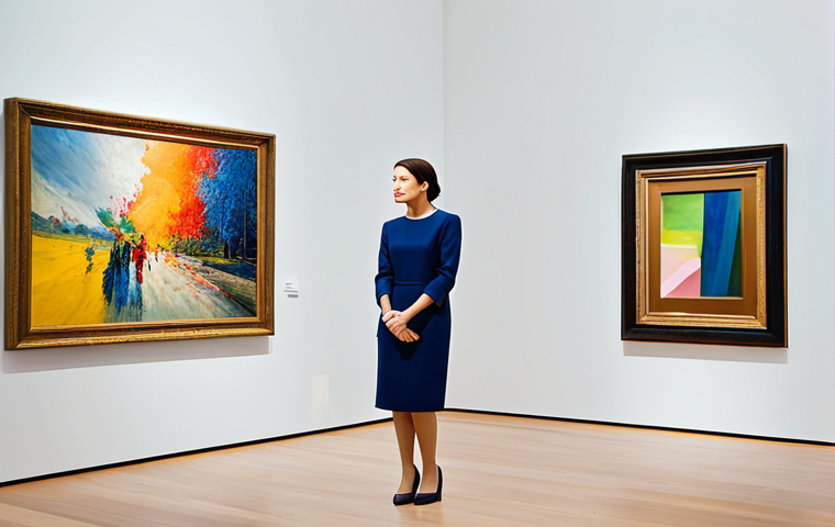 A sophisticated female art critic in a modest, elegant business dress, fully clothed, appropriate attire, professional dress, standing contemplatively in a spacious, well-lit contemporary art gallery. She is engaged in thoughtful observation of a large, vibrant abstract painting, with a natural pose and a slight smile of appreciation. The gallery features high ceilings and soft diffused lighting, surrounded by diverse, modern artworks. Professional photography, high resolution, artistic composition, museum-quality. Perfect anatomy, correct proportions, well-formed hands, proper finger count. Safe for work, appropriate content, fully clothed, professional, modest, family-friendly.