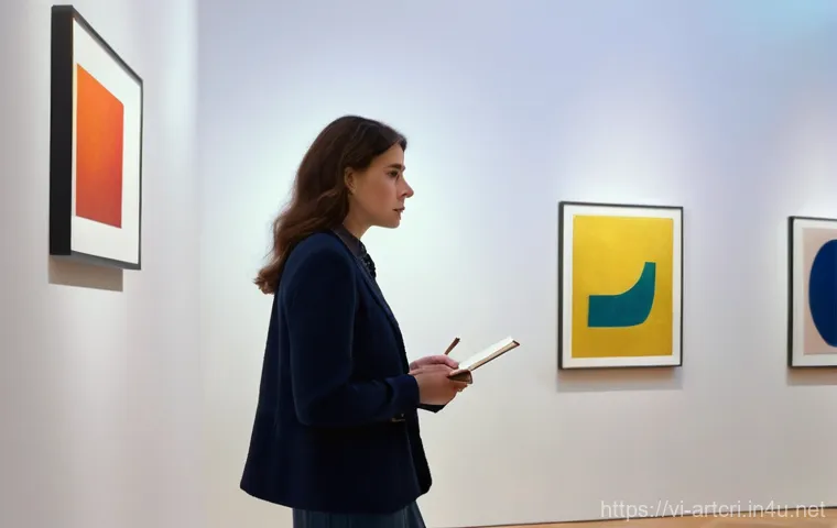미술평론가의 업무 일지 작성법 - **Prompt:** A discerning art critic, a woman in her late 30s with intelligent eyes, stands thoughtfu...