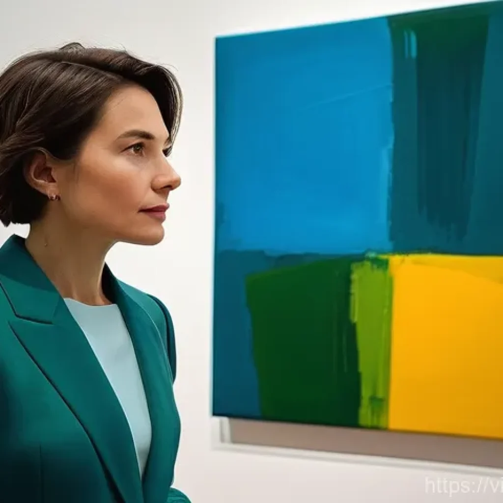 미술평론가 연봉 협상 전략 - **A focused art critic evaluating a painting in a gallery.**
    A female art critic in her late 30s...