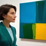 Home 11 미술평론가 연봉 협상 전략 - **A focused art critic evaluating a painting in a gallery.**
A female art critic in her late 30s...