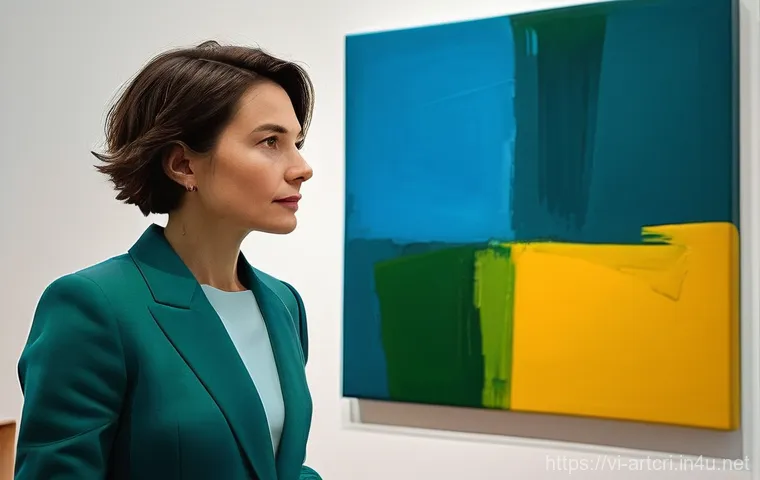 미술평론가 연봉 협상 전략 - **A focused art critic evaluating a painting in a gallery.**
    A female art critic in her late 30s...