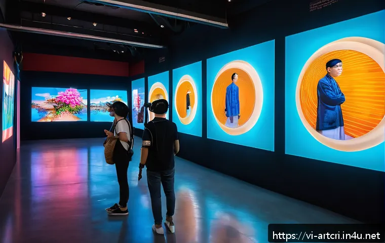 미술평론가의 다양한 분야 연구 - A vibrant digital art gallery in Ho Chi Minh City featuring interactive VR and AR installations, div...