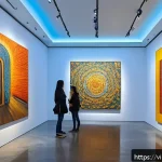 Home 21 미술평론가 실기 준비 팁 - A contemporary art gallery interior showcasing a diverse range of artworks including abstract expres...