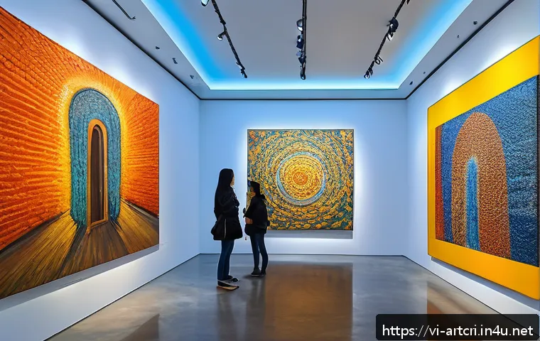 미술평론가 실기 준비 팁 - A contemporary art gallery interior showcasing a diverse range of artworks including abstract expres...