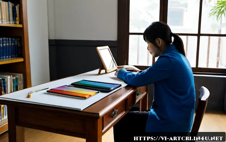 Home 15 미술평론가 분야별 전문성 개발 - Photorealistic Vietnamese art critic developing expertise in contemporary painting, seated at a clea...