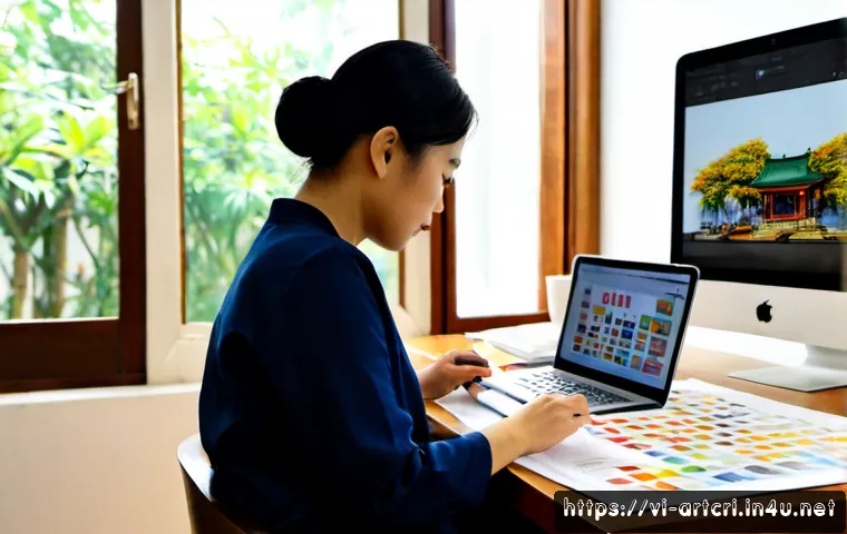 Home 17 미술평론가의 업무 효율성 향상 - Photorealistic editorial workspace of a Vietnamese art critic efficiently reviewing exhibition mater...