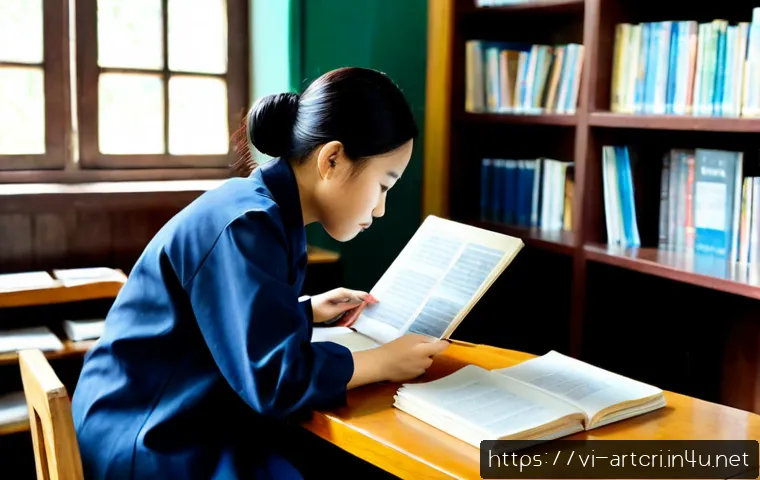 Home 17 미술평론가 학문적 경로 설정 - Photorealistic scene of a young Vietnamese art critic building an academic career path, seated at a ...
